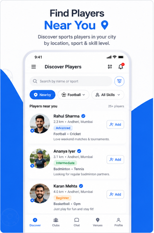 SportBuddy discover players nearby screen